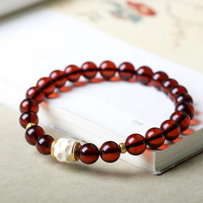 New Chinese- genuine blood amber bracelet, Mammoth 925 silver national-style hand accessory