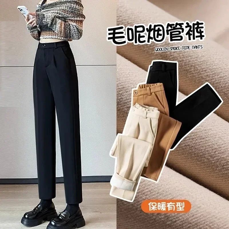 Moda Grube Wełniane Spodnie Kobiety Jesień Zima Wysoka Talia Slim Fit Spodnie Kobiety Dorywczo Polar Dziewięciopunktowe Czarne Spodnie Garniturowe