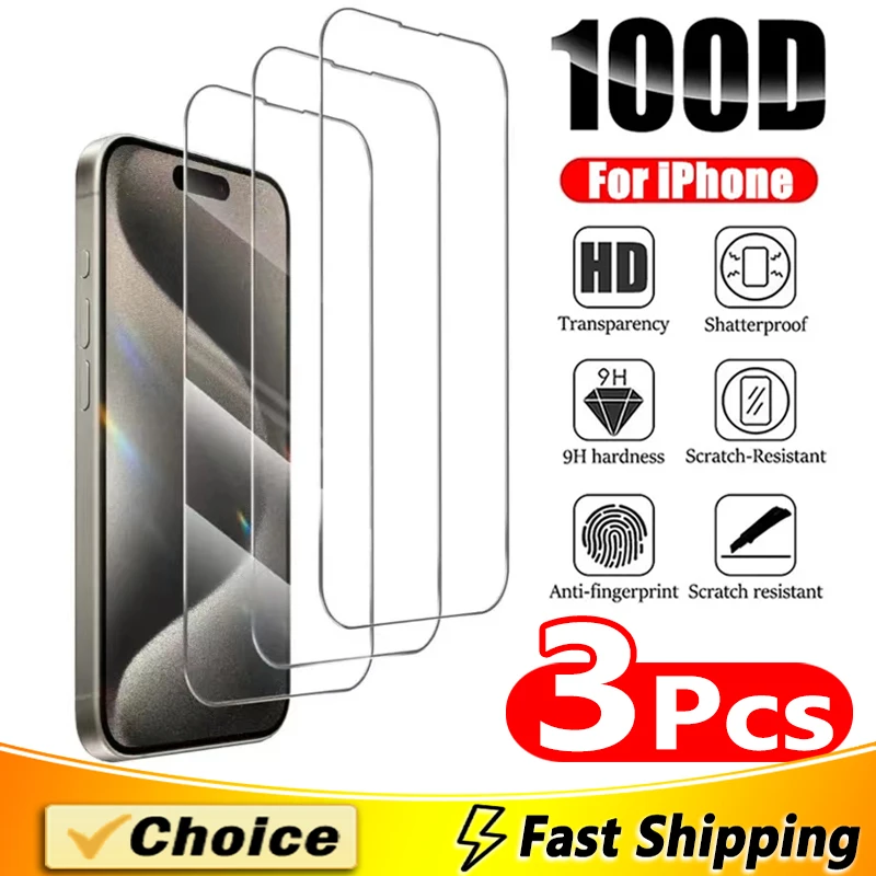 3Pcs Tempered Glass for iPhone 15 14 13 12 11 Pro Max Screen Protector for iPhone 11 13 12 Mini 6 7 8 14 Plus SE X XS XR Glass