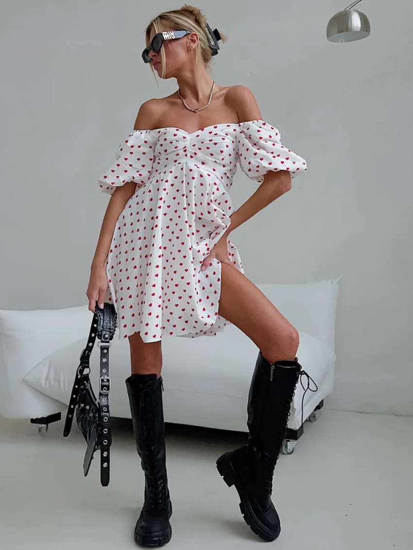 Bornladies Sexy Off The Shoulder Print Dress Women 2023, letnie sukienki imprezowe z krótkim rękawem, moda Slim Mini A Line Dress New