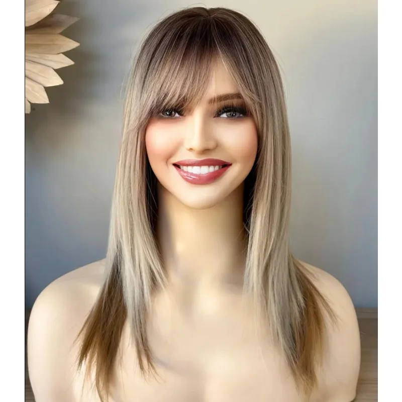 

Натуральные синтетические парики Высококачественные многослойные светлые парики с темными корнями с челкой Прямые парики Термостойкие парики Парики для косплея