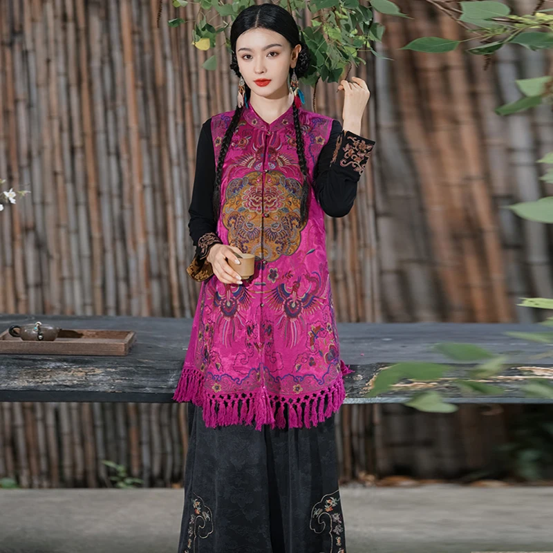 Retro Embroidered Loose Sleeveless Jacket Coat Tassel Vest Shoulder Pad Outerwear Sweet Style Midi Length Single Button Closure