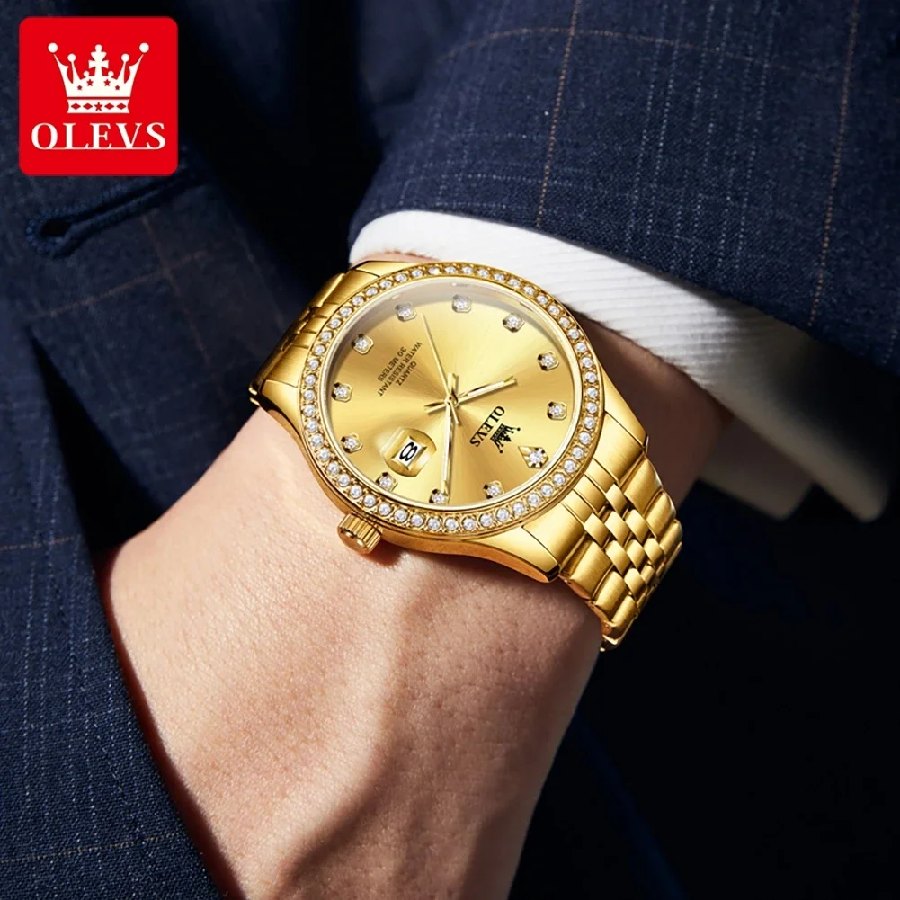 OLEVS Classic Original Golden Quartz Watch for Men Top Brand Luxury Stainless Steel Watch Date Clock Reloj Hombre