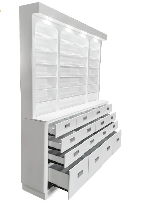 Custom Salon Furniture White Nail Polish Cabinet Display Rack With Drawers