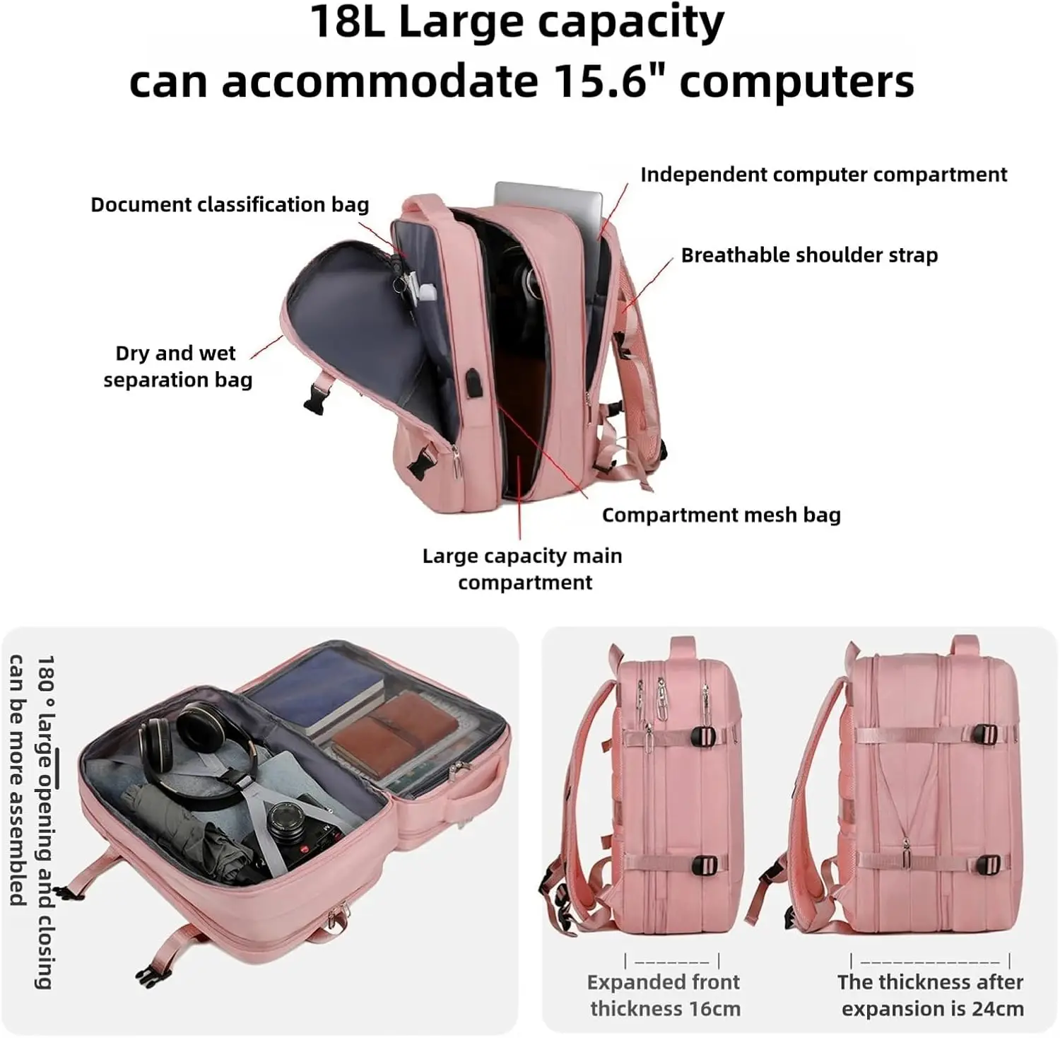 Pink Travel Backpack Teenager Large Capacity Luggage Carry on Laptop Computer Backpack Women Lightweight Waterproof Travel Bag