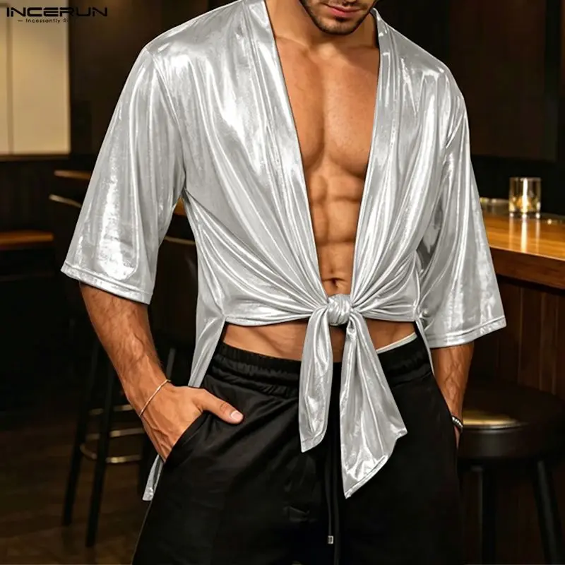 INCERUN Men Shirt Shiny Open Stitch Half Sleeve Casual Men Clothes Cardigan Streetwear Sparkling Party Fashion Tops Camisas 2026