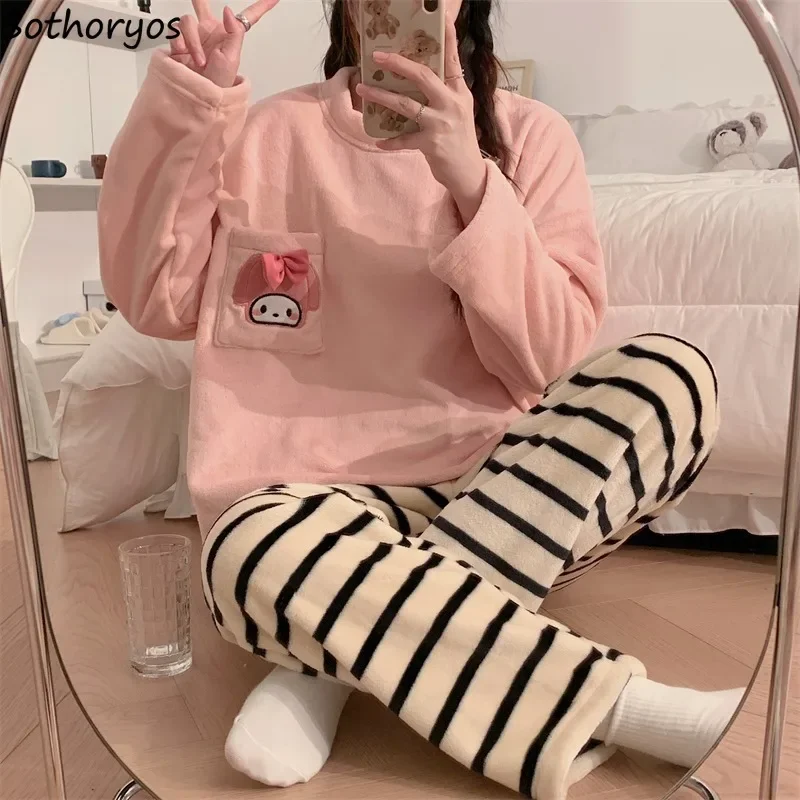 

Plus Velvet Pajama Sets Women Flannel Chic Winter Thickened All-match Striped Trousers Ins Sweet Girlish Pyjamas Cozy Trendy