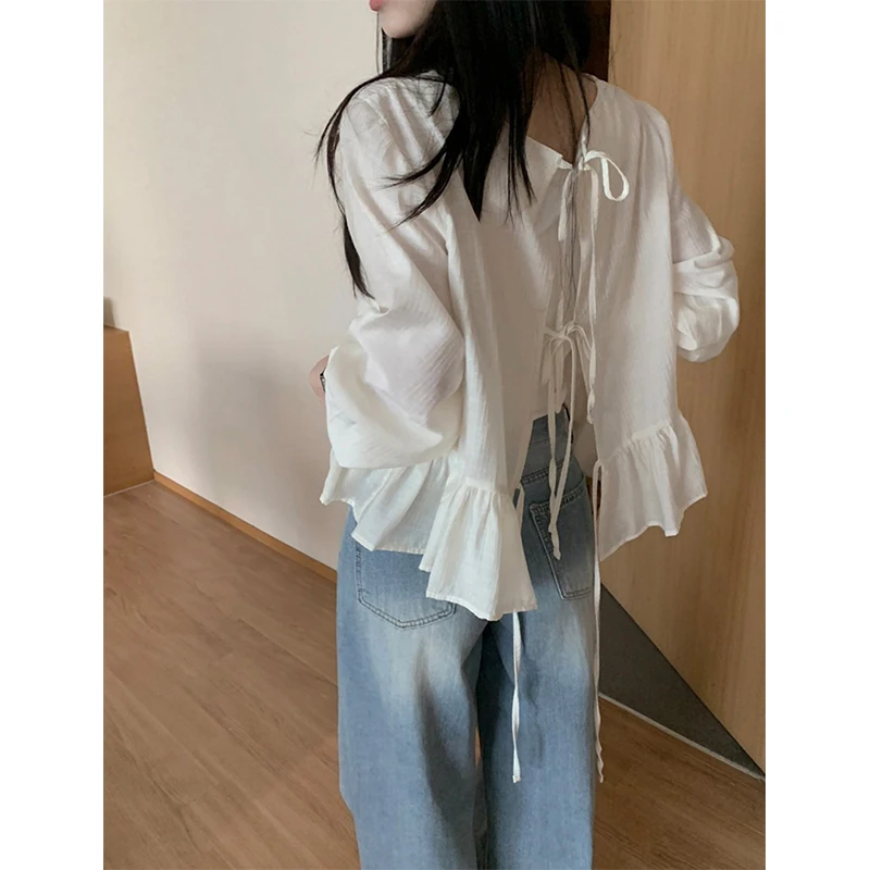 

Elegant Shirts Women Fashion Sexy Backless Bandage Sun Protection Blouses Summer Ladies Korean Ruffles Long Sleeve Casual Tops