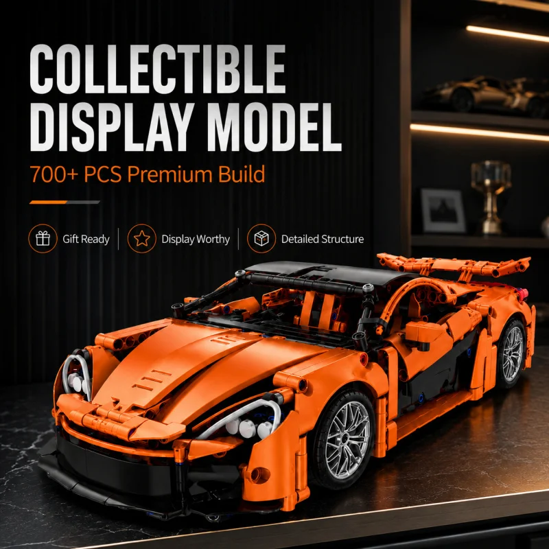 

Orange Sports Car Building Blocks Set, 700+PCS Supercar Model Toy with Opening Doors & Press-Down Front, Display Gift