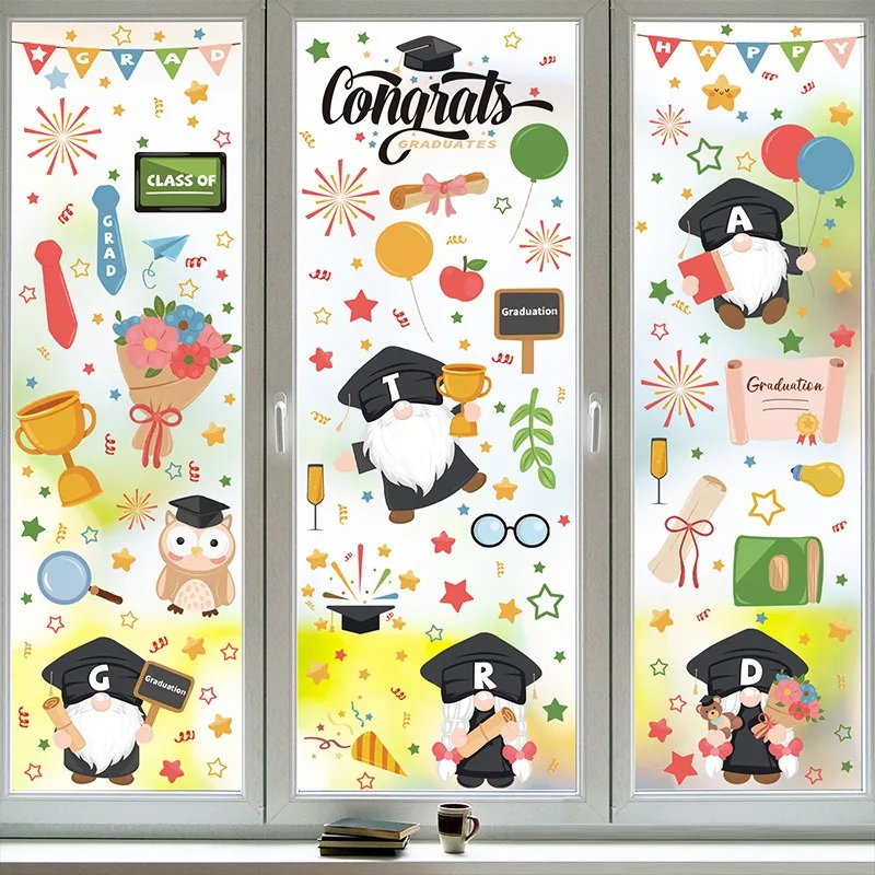 Graduation Season Wall Stickers Cartoon Gnome Window Decals Static Cling Living Room Bedroom Decor Removable Funny