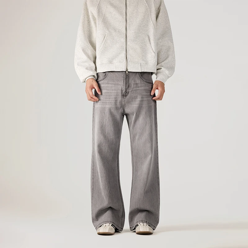 

American Retro Simple Washede Men's Jeans Mid Waist Full Length Causal Textured Flared Pants 2026 Spring New Tide