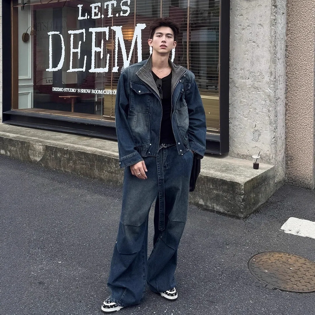 

Fall/Winter American-style Loose-fitting Faux Two-piece Turn-down Collar Denim Jacket, Versatile and Casual for Men