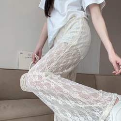 Ladies Fashion Sexy Lace See Through Wide Leg Pants Women Clothes Girl High Waist Trousers Female Woman Streetwear Clothes 1013