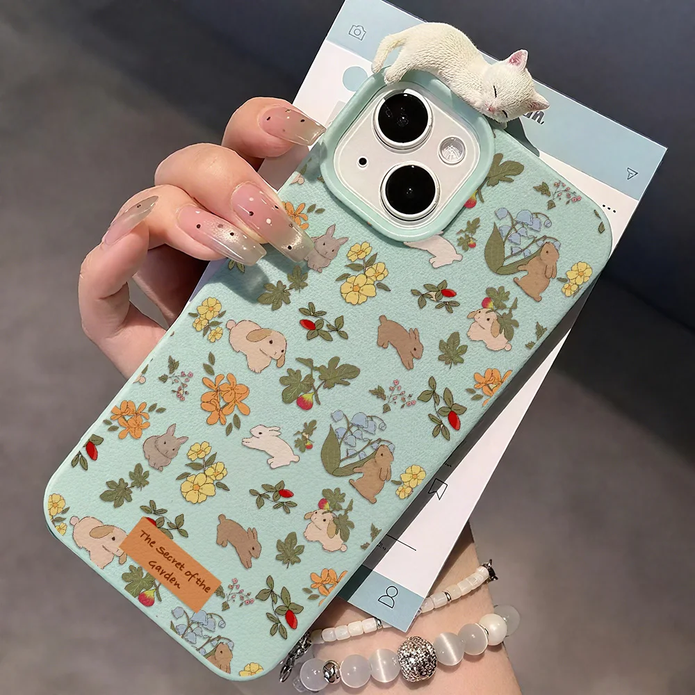 Flower Cute Dog Leather Phone Case For iPhone 17 Pro Max 11 16 15 12 13 14 Plus Air Soft Shockproof 3D Lying Cat Cover Funda