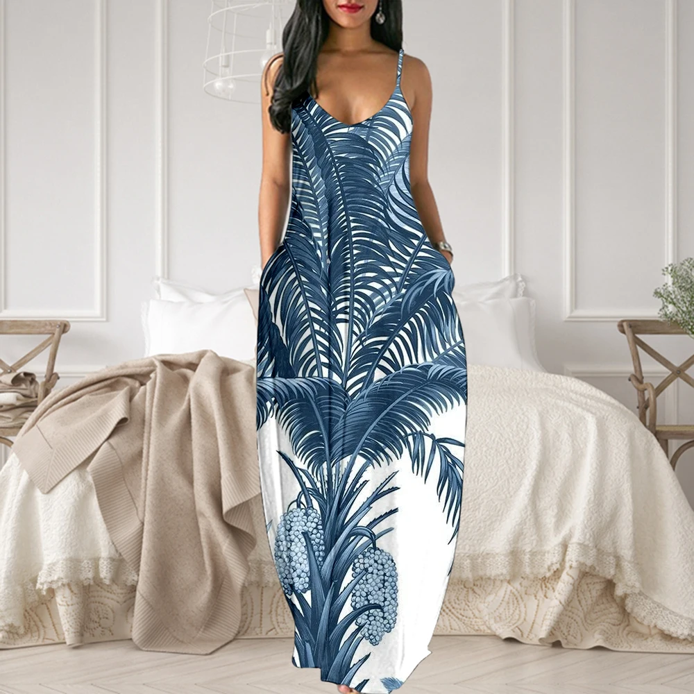 Elegant Sexy Long Dresses 2024 Bohemian Printing Beach Dresses European Style For Women Vestidos Camisole Long Skirts Plus Sizes