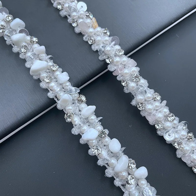 10Yards DIY Hand-stitched Pearl Rhinestone Beads Embroidered Lace Ribbon Wedding Dress Skirts Collar Neckline Sewing Appliques