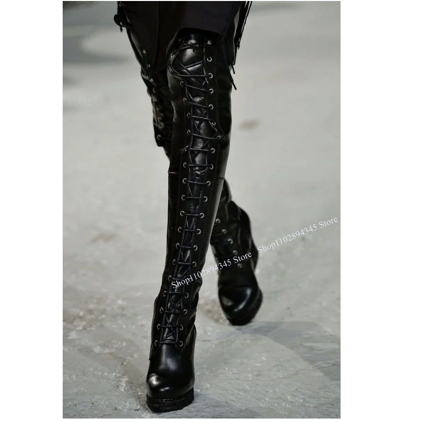 Black Over Knee High Lace Up Boots Strange Style Heel Pointed Toe Fashion Sexy Novel Winter 2024 Woman Shoes Zapatillas Mujer