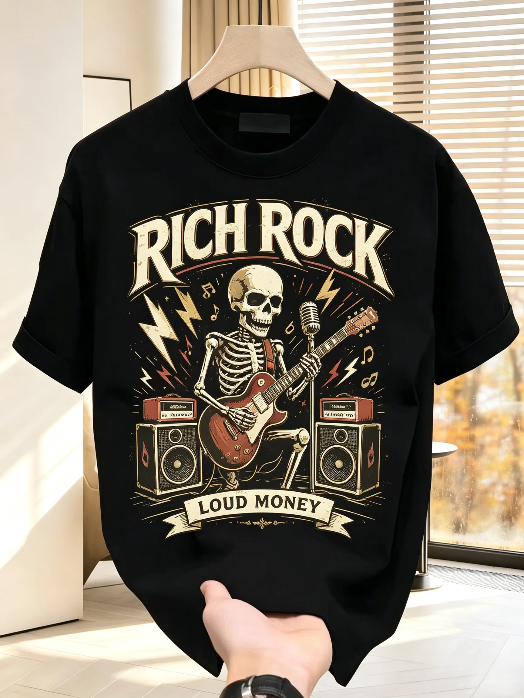 Unisex RICH ROCK Skeleton Guitar Rock Speaker Microphone Graphic T Shirt Men Women Vintage Rock Music Streetwear Short Sleeve Black Casual Tee