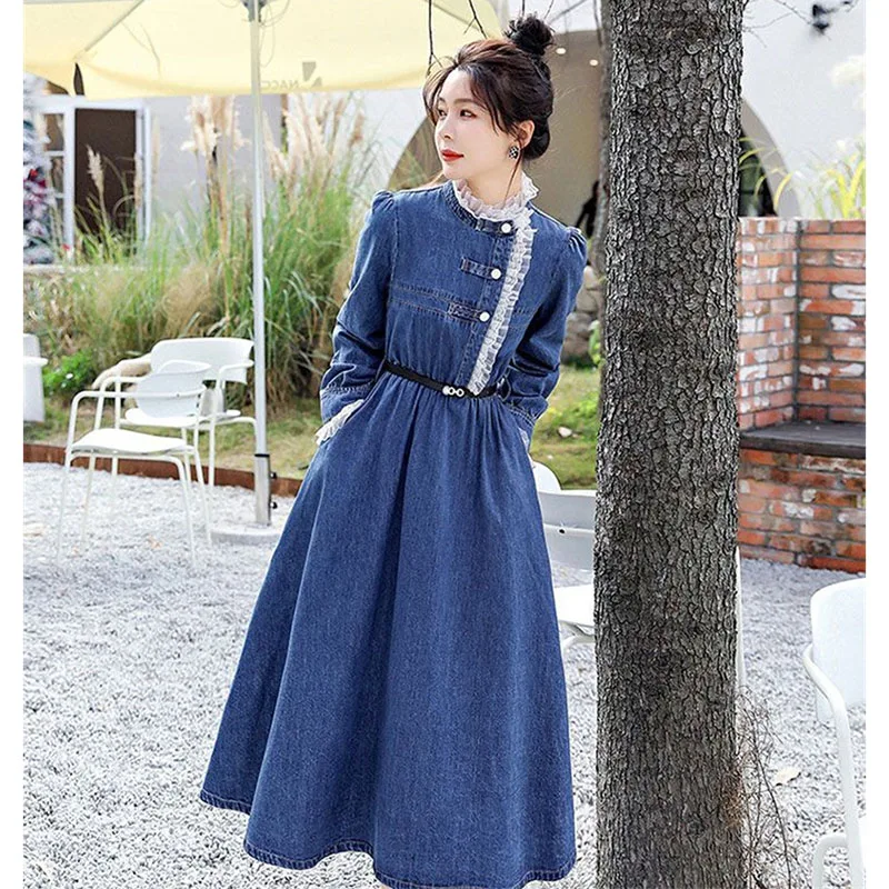 

2025 Women Medium Long Styles Denim Dress French Ladies Lace Long Dresses Spring Autumn Female New Large Size 5XL Maxi Dress