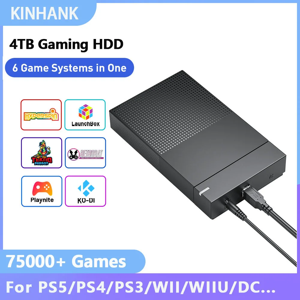 Игровой жесткий диск Kinhank 6 в 1, 4 ТБ, 75 000 + ретро-видеоигры с гиперфитической коробкой Launchbox TeknoParrot для PS5 PS4 PS3 PS2 PSP WII WII U.et
