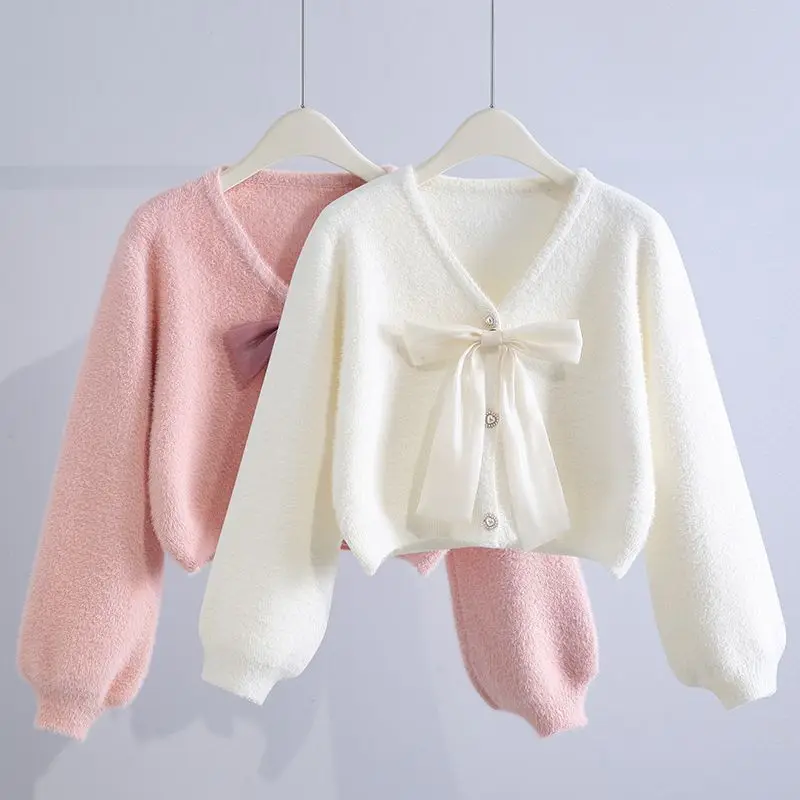 Sweet Bow Knitting Cardigan Spring Autumn New Long Sleeve V Neck Solid Color Loose Youth Sweater Fashion Cute Women Clothing