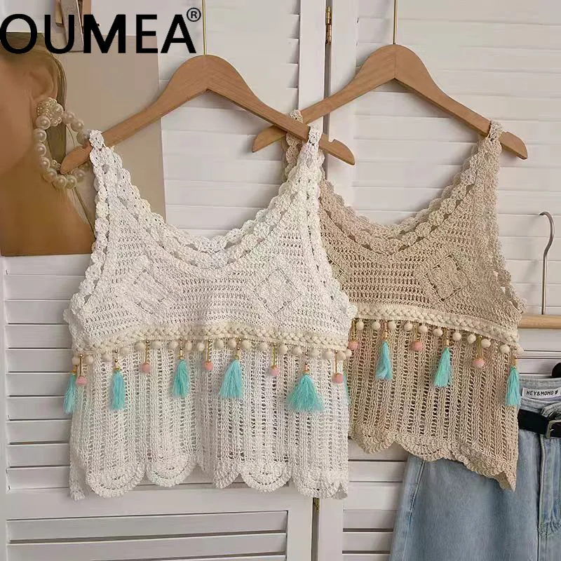 OUMEA Women Cotton Crochet Tank Tops Beaded Tops Fringed Beach Tops Summer Casual Solid Color Tops Korean Chic Tops