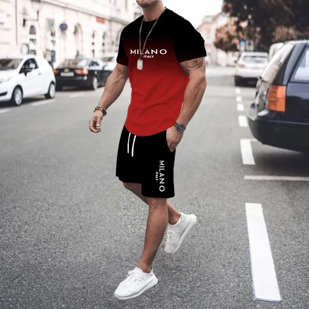 

Man Soild Color Letter Print Sports T-shirt Shorts Set Summer Men's Short Sleeve Tops Drawstring Shorts 2-piece Set Clothing