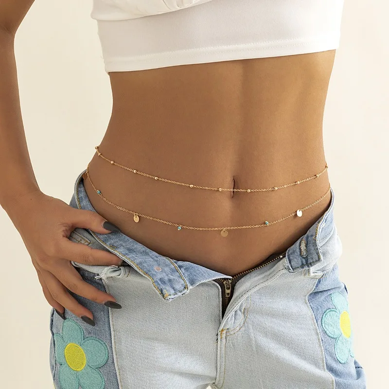 Women Dainty Layered Waist Chain Body Chain Gold Plated Disc & Bead Pendant Summer Bikini Party Body Jewelry