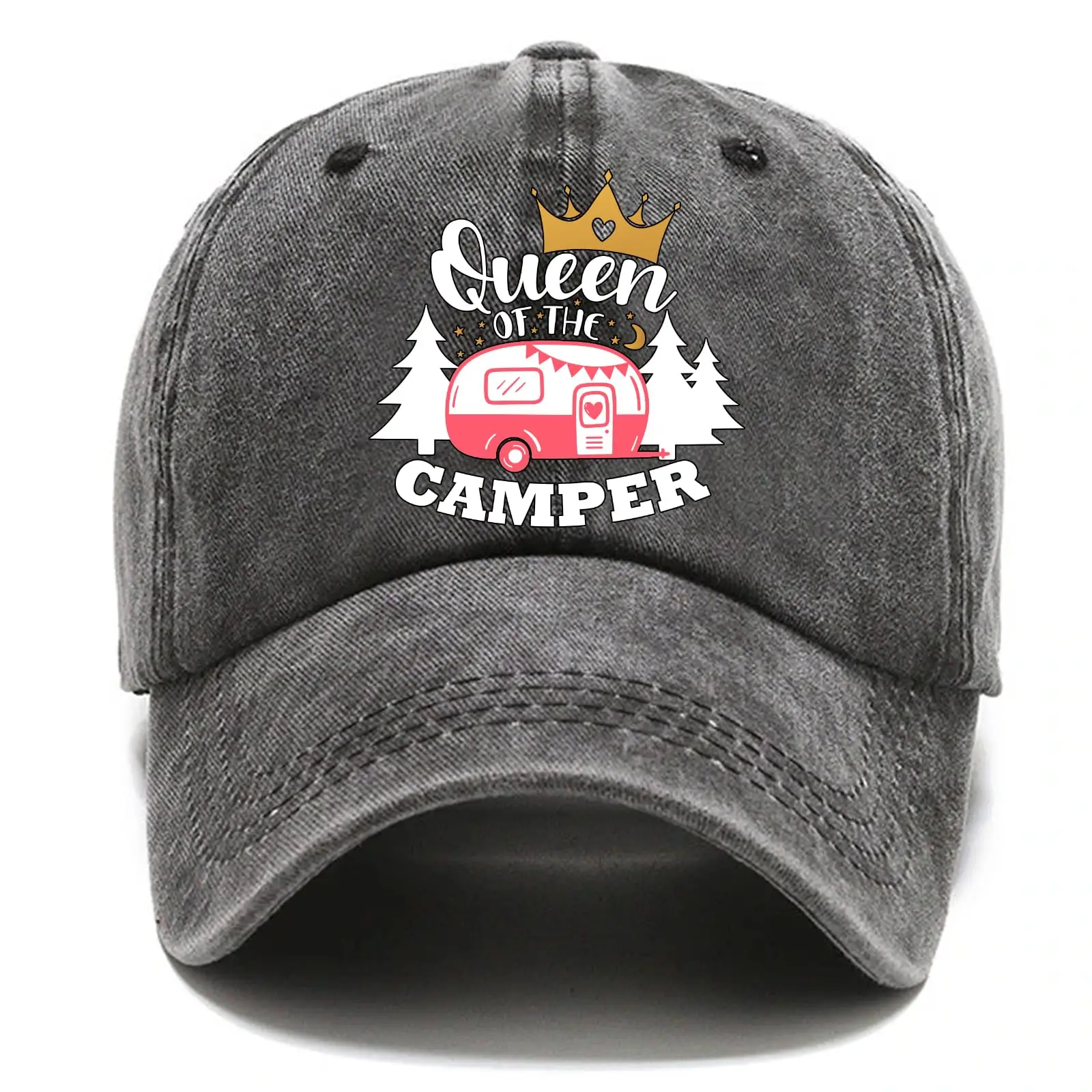 

Queen of The Camper Funny Distressed Washed Baseball Cap Vintage Adjustable Cotton Cap Retirement Gifts for Men and Women