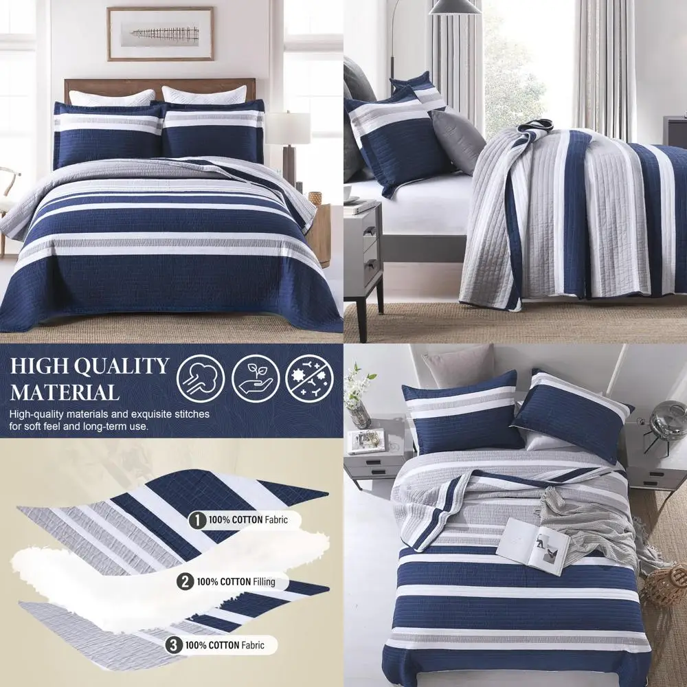 

Queen Size Cotton Navy Striped Quilt Set - Lightweight, All-Season Comforter, 3-Piece