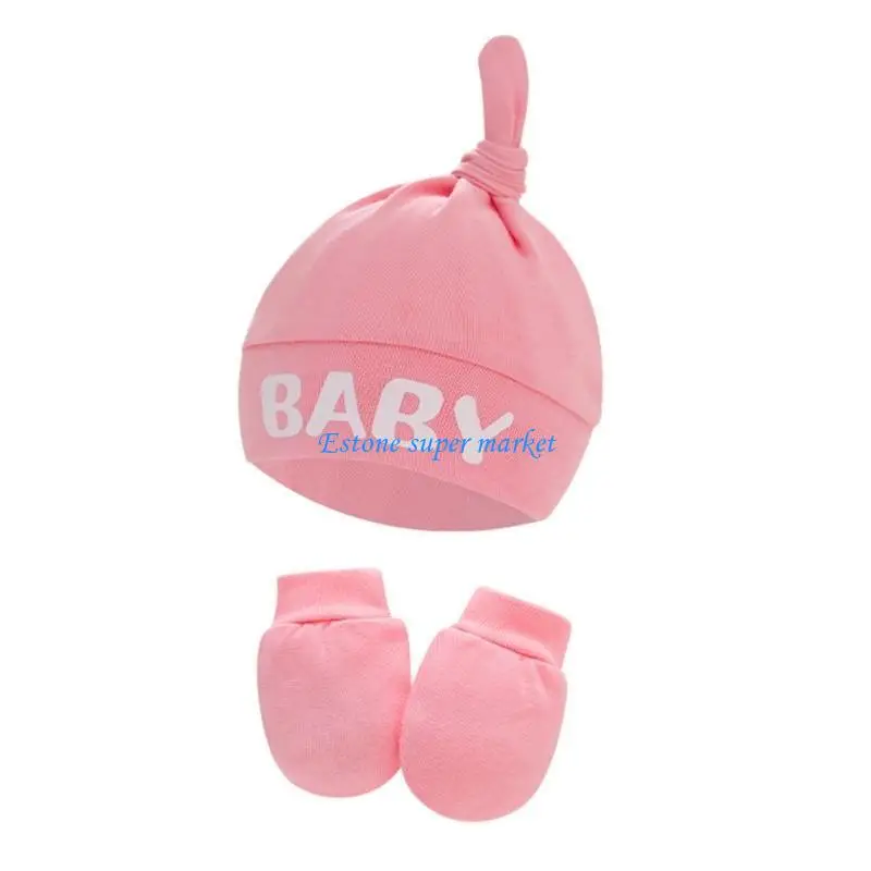 

090B 2 Pcs Baby Anti Scratching Cotton Gloves Hat Set Newborn No Scratch Mittens Cap for Infants Shower Gifts