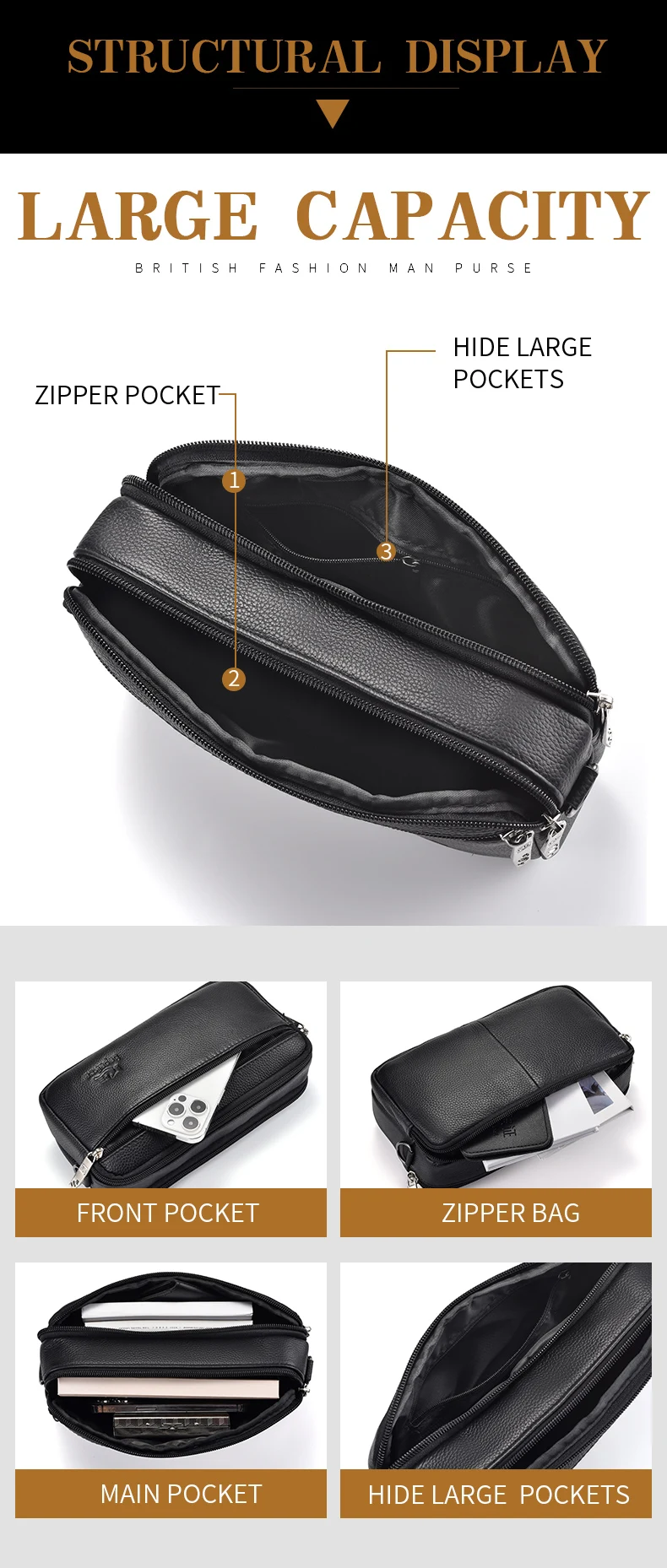 Herren Große Kapazität Echtleder Umhängetasche Lässige Multifunktionale Schultertasche mit Verstellbarem Riemen – Detail 8