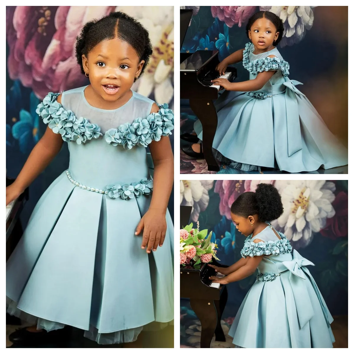 Dusty Blue Flower Girl Dresses Baby for Wedding Satin 3D Flower Baby Kids Formal Wear for Photoshoot First Communion Gowns