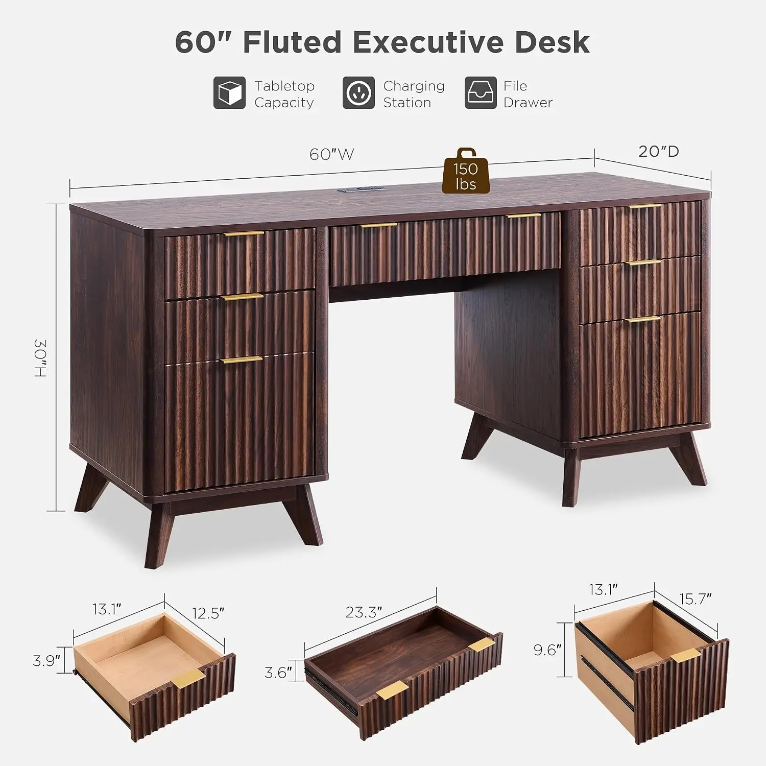 60-Inch Modern Fluted Executive Desk with Drawers Dark Walnut, Customized