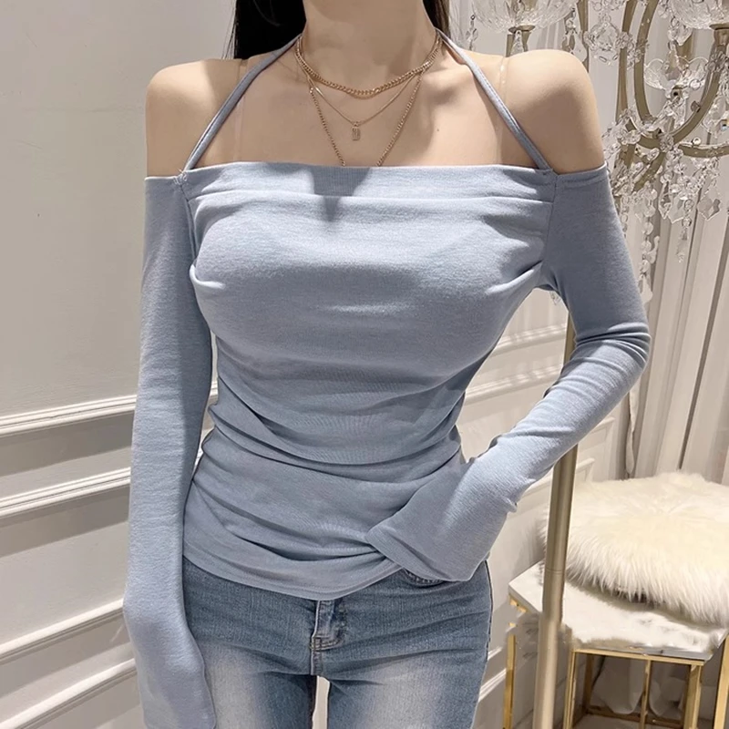 South korea Dongdaemun New Sexy Hanging Neck Lace-up off-Shoulder Swing Collar Pleat Slim fit Slimming Long sleeve off-Should...