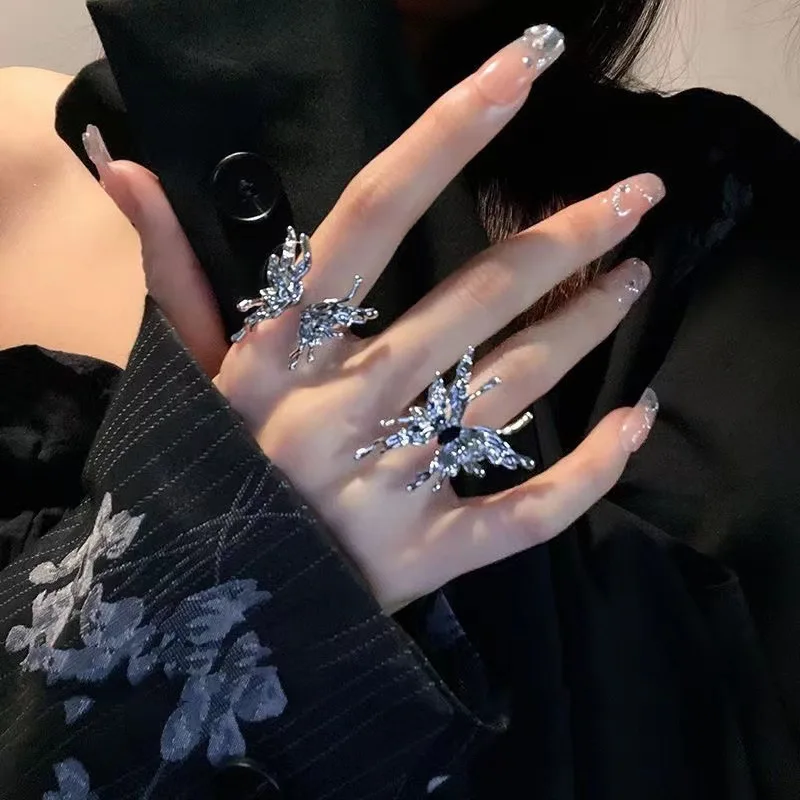 Punk Irregular Butterfly Rings For Women Liquid Metal Butterfly Earring Aesthetic Egirl Gothic Insect Open Rings Y2K Jewelry