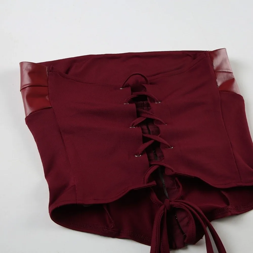 Zestaw: Krótka spódniczka z odkrytymi ramionami, skórzana, dopasowana, z paskiem, w stylu bondage, słodki koreański styl, top typu tuba, streetwear