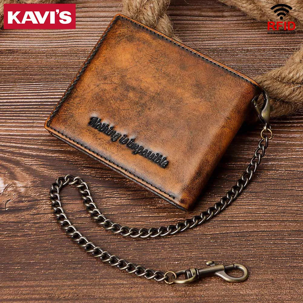 KAVIS 100% Genuine Leather Vintage Chain Wallets for Men Classic Slim Male Multi-function Multi Pocket Card Clip Wallet Cowskin