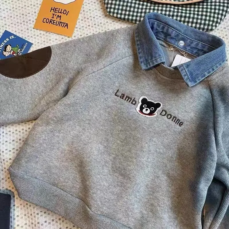 Baby Jungen Mädchen Langarm-Sweatshirt 2026 Herbst Winter Kinder Cartoon Bär Plüsch Dick Denim Revers Pullover Basis-Shirt Oberteil – Detail 3
