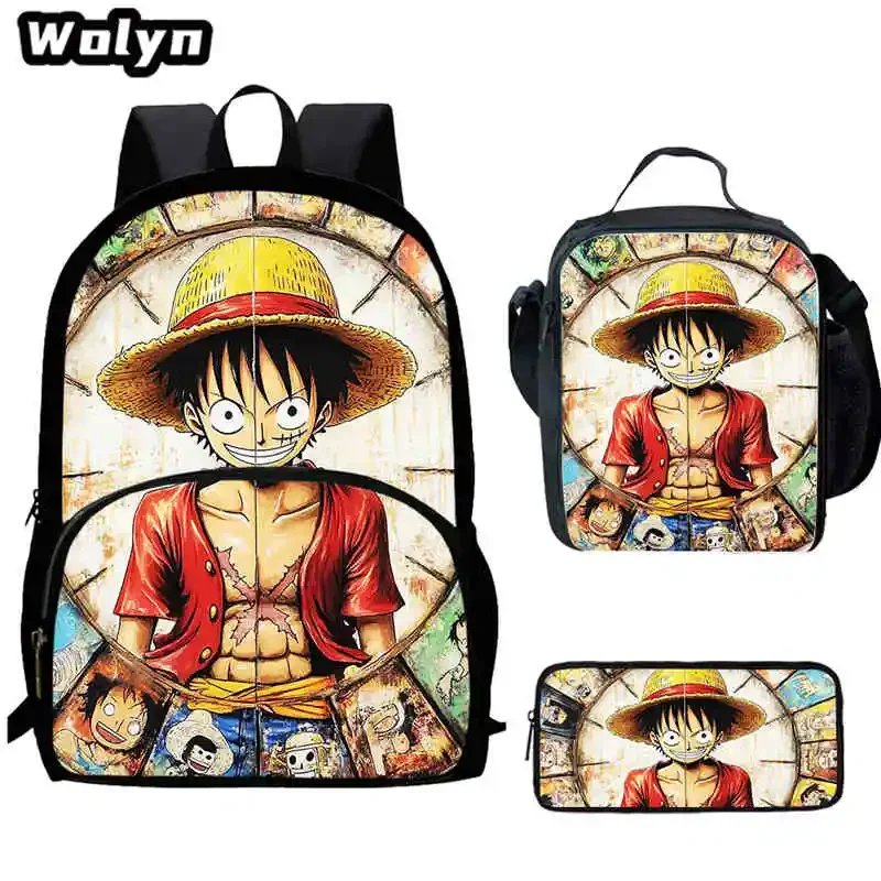 Anime- O-One-Piece Child Backpack,Cartoon Lunch Bags,Pencil Bags for 4-8 Years Old Anime School Bags for Boys Girls Best Gift