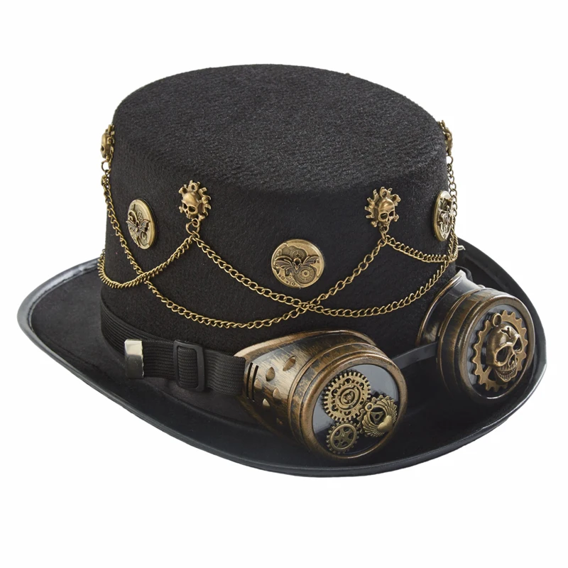 Steampunk Fedora Kapelusz Vintage Retro Zęby Łańcuchy Impreza Cylinder z Goglami Cosplay Halloween Dekoracje Akcesoria do Włosów