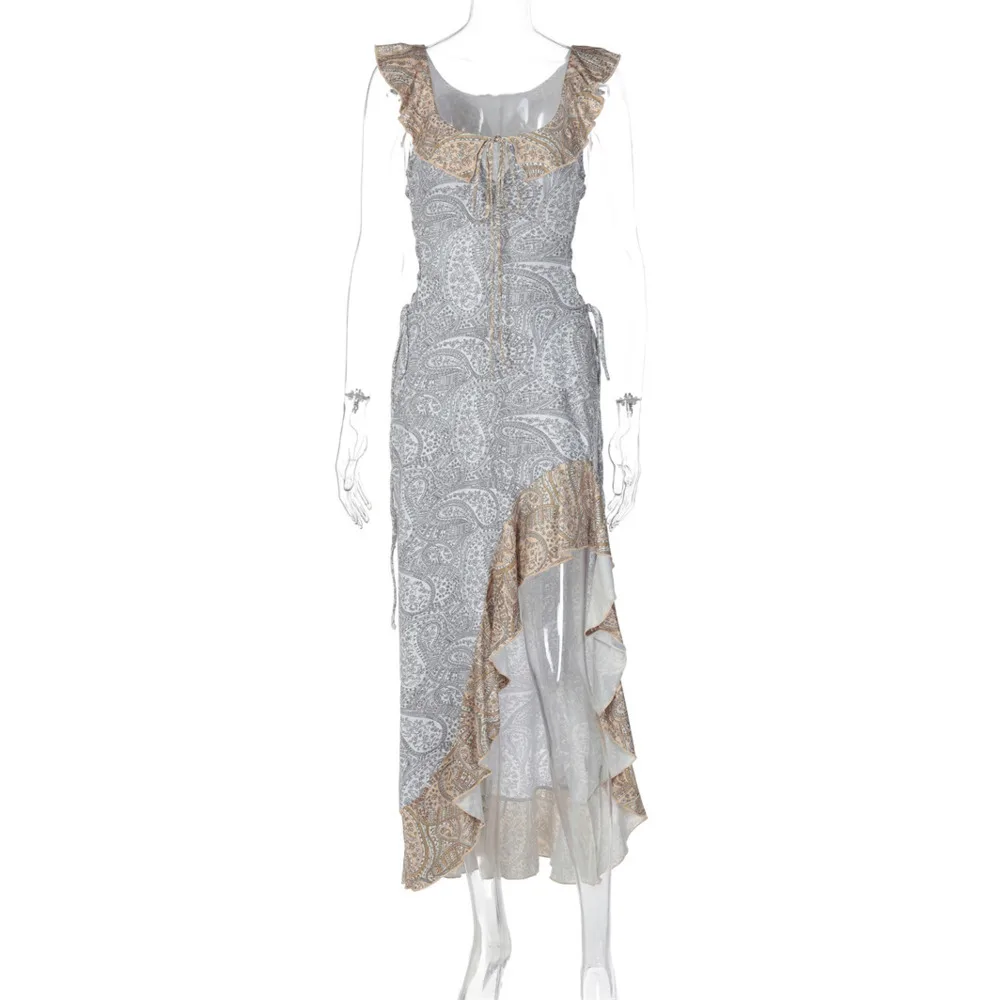 Blifanbo moda elegante fora do ombro plissado maxi vestido para mulher coxa divisão sexy impressão cinta de espaguete vestido longo irregular