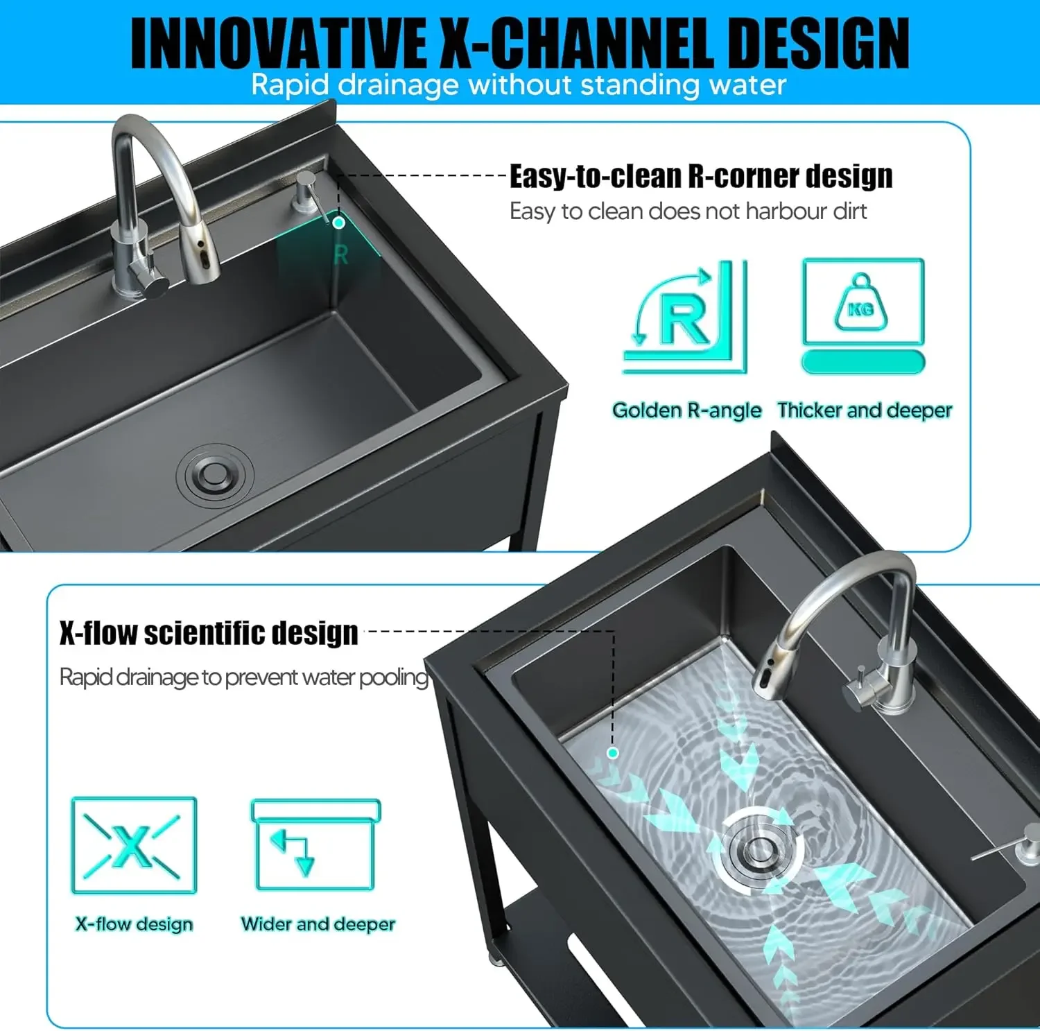 【期間限定セール！】 ステンレス製ユーティリティシンク、30.8インチ×22インチ×39.5インチ自立型シンク、冷温水蛇口付き