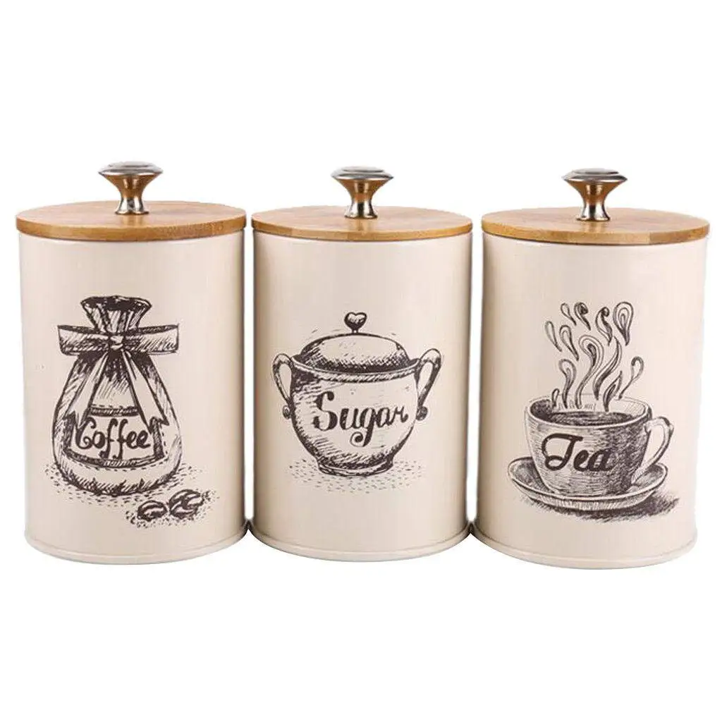 Set of 3 Piece Sustainable Kitchen Canister Jars with Bamboo Wooden Lids White Metal Rustic Vintage Spice Storage Set