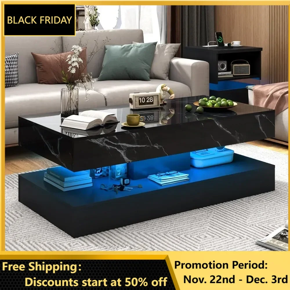 Large High-Glossy LED Coffee Table with 2 Sliding Drawers, Storage Tables with Marbling Print, Modern Stylish Double-Layer Table