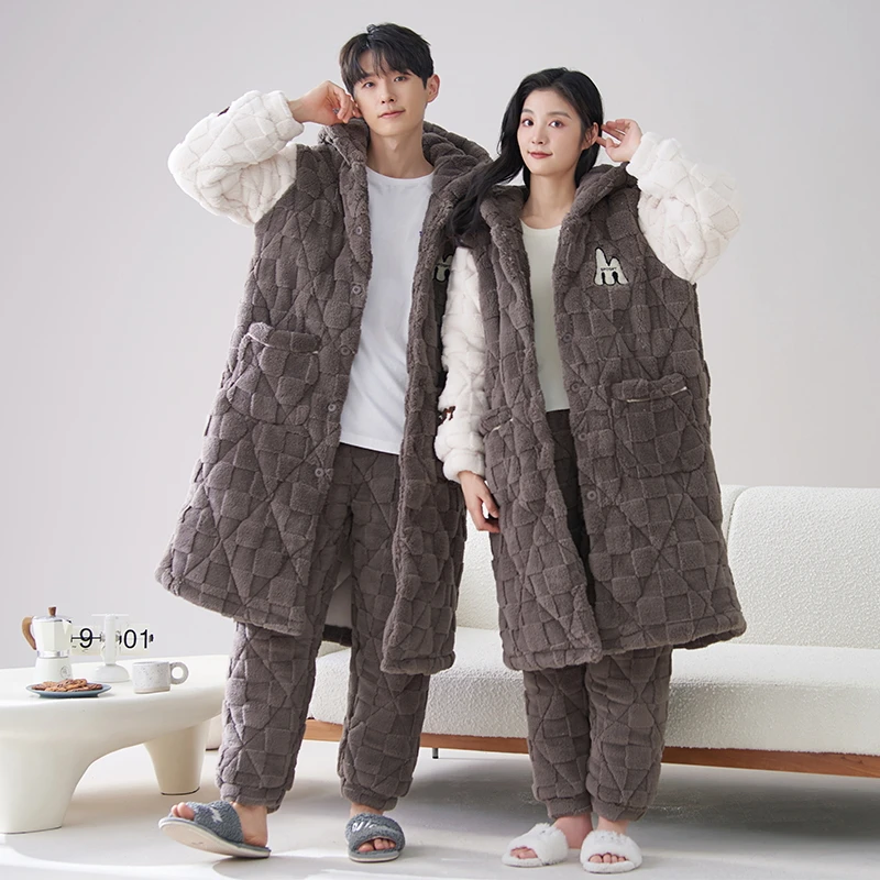 Winter Coral Velvet Men Sleepwear Button Cardigan Robes + Pant Home Clothing Thick Warm Men and Women Hooded Pijamas