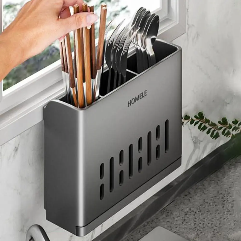 Wall Mounted Chopsticks Tube Fashion Drain Self Adhesive Tableware Storage Box Plastic Space-Saving Chopsticks Holder Spoon