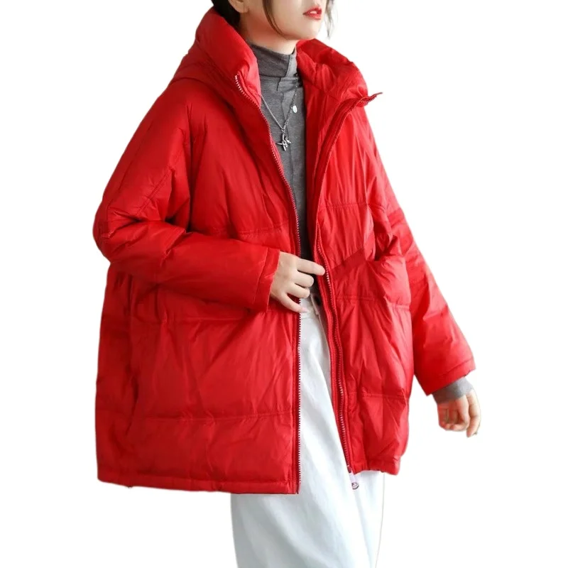 

2026 Outerwear Fashion White Duck Down Sales Design Style Bat Sleeve Hooded Mid-length 95KG Tall and Chubby Girl Down Jacket