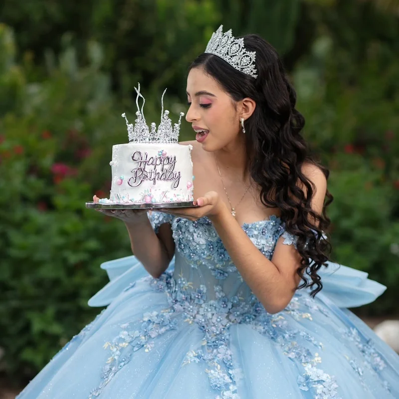 

Blue Quinceanera Dresses Off the Shoulder Glitter Crystal Layering Decal Long tail Bow Vestidoe 15 Quinceanera Customize