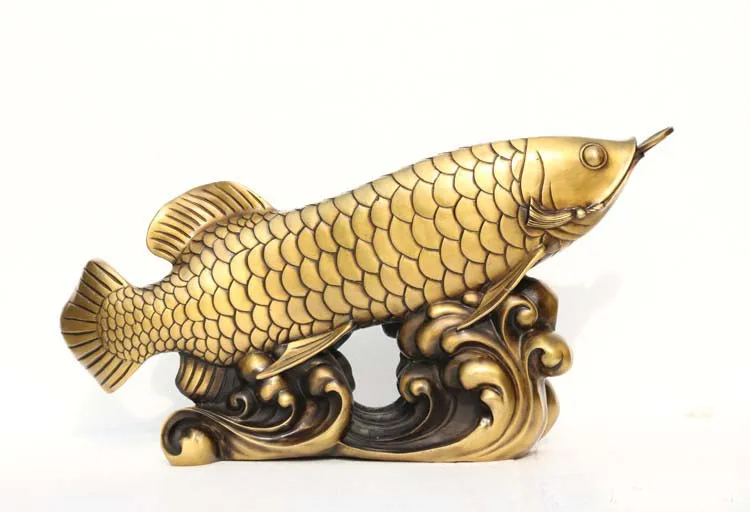 large HOME Company SHOP ROOM TOP Efficacious Talisman GOOD LUCK Recruit Money Arowana Golden Fish FENG SHUI copper Retro statue